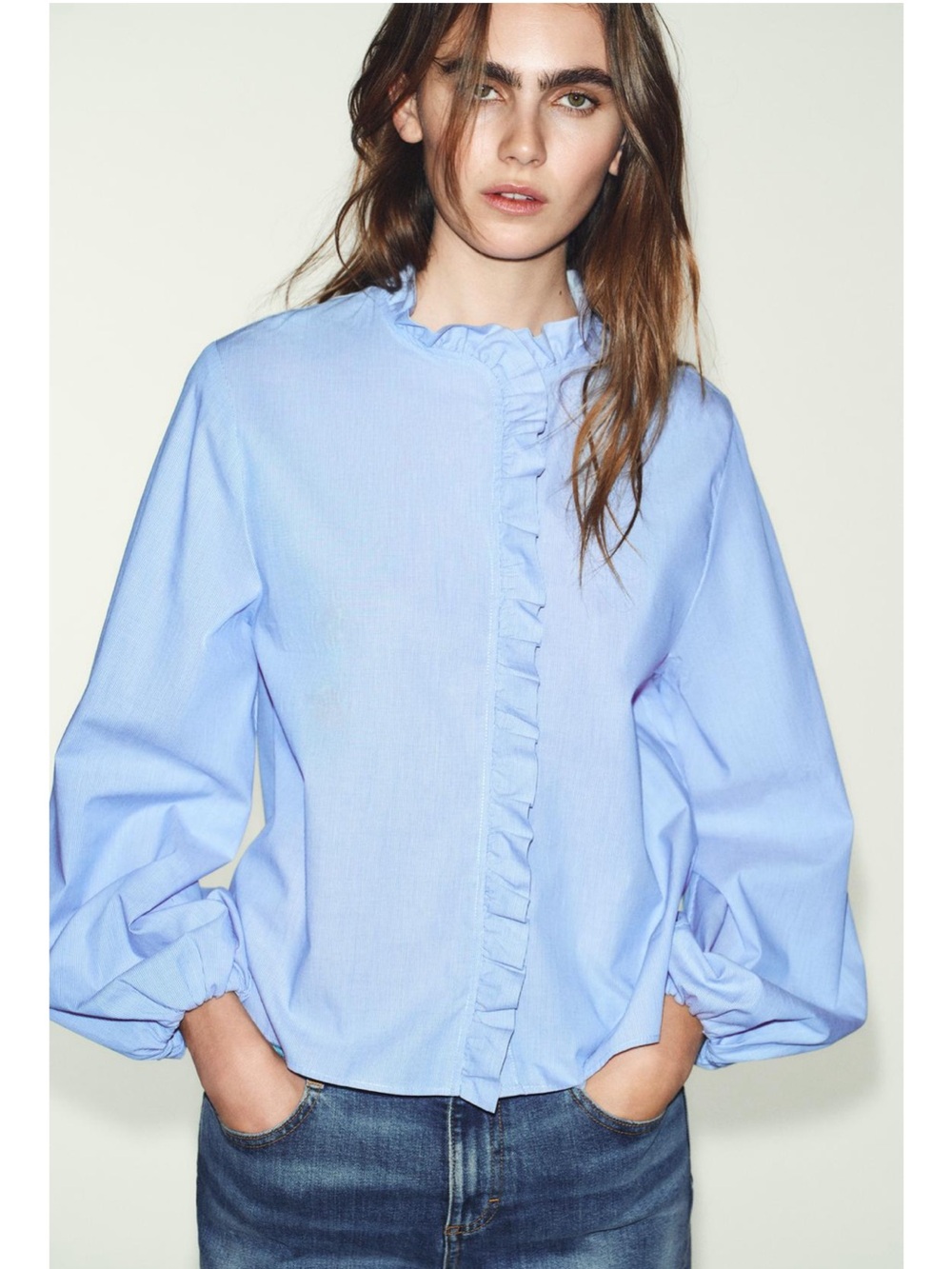 NWT ZARA Light Blue Ruffle-Front Women's Top Size Small